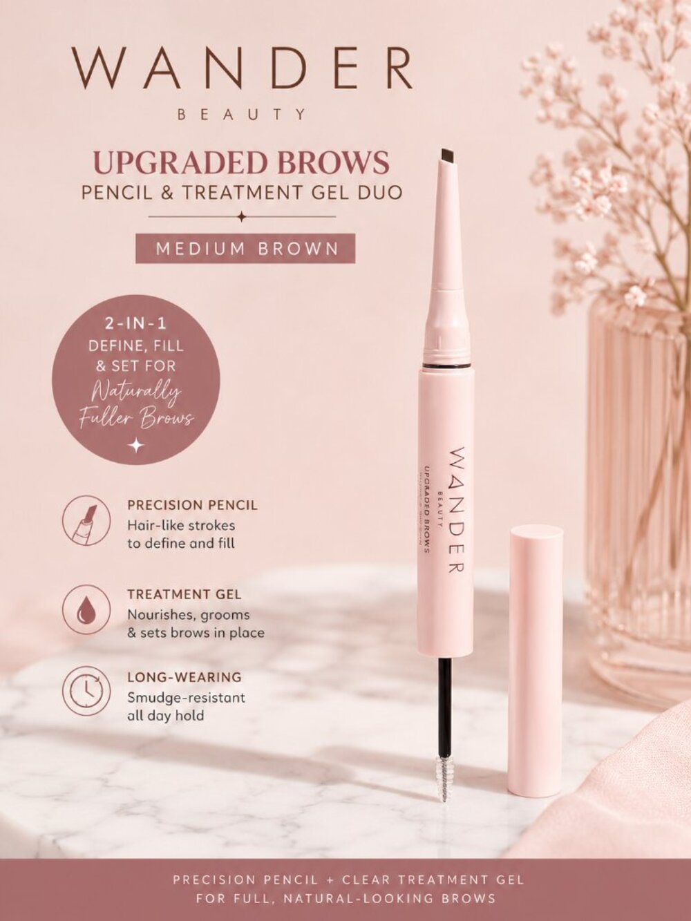 Wander Beauty Upgraded Brows Pencil & Treatment Gel Duo Medium Brown